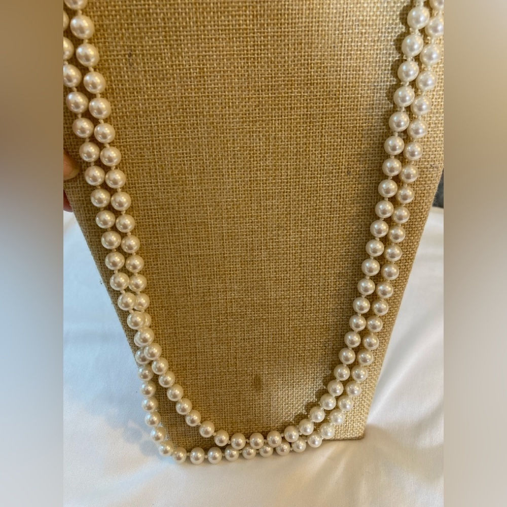 Opera Length Hand Knotted Glass Faux Pearls 60” Vintage Necklace - Picture 2 of 8